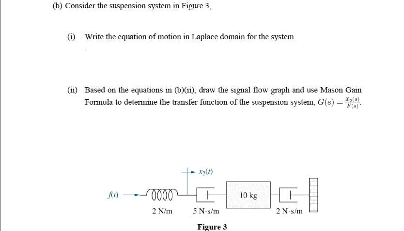 (b) Consider the suspension system in Figure 3,
(i) Write the equation of motion in Laplace domain for the system.
(11) Based on the equations in (b)(ii), draw the signal flow graph and use Mason Gain
Formula to determine the transfer function of the suspension system, G(s) =
F(8)
x2(t)
At)
10 kg
2 N/m
5 N-s/m
2 N-s/m
Figure 3
