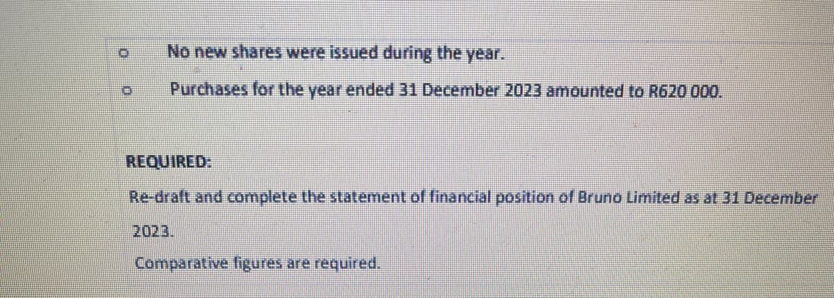 No new shares were issued during the year.
Purchases for the year ended 31 December 2023 amounted to R620 000.
REQUIRED:
Re-draft and complete the statement of financial position of Bruno Limited as at 31 December
2023
Comparative figures are required.