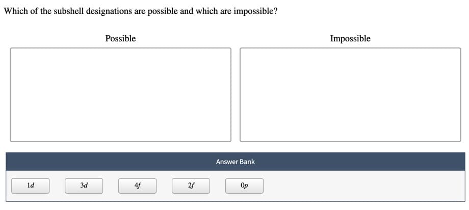 Which of the subshell designations are possible and which are impossible?
Possible
Impossible
Answer Bank
ld
За
4f
2f
Op
