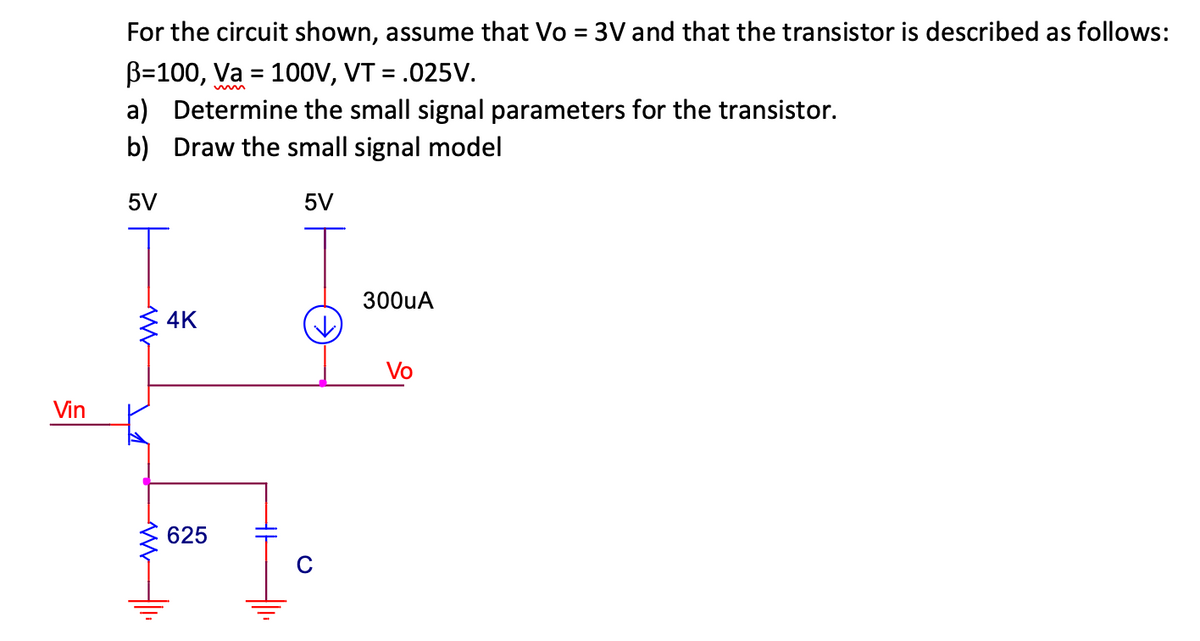 Vin
For the circuit shown, assume that Vo = 3V and that the transistor is described as follows:
B-100, Va = 100V, VT = .025V.
a) Determine the small signal parameters for the transistor.
b) Draw the small signal model
5V
5V
300uA
Vo
www
4K
625
C