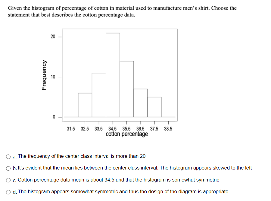 Given the histogram of percentage of cotton in material used to manufacture men’s shirt. Choose the
statement that best describes the cotton percentage data.
20
10
31.5 32.5 33.5 34.5 35.5
36.5 37.5
38.5
cotton percentage
a. The frequency of the center class interval is more than 20
O b. It's evident that the mean lies between the center class interval. The histogram appears skewed to the left
O . Cotton percentage data mean is about 34.5 and that the histogram is somewhat symmetric
O d. The histogram appears somewhat symmetric and thus the design of the diagram is appropriate
Frequency
