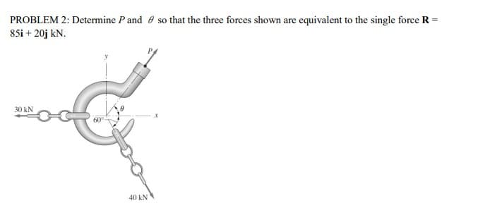 PROBLEM 2: Determine P and 6 so that the three forces shown are equivalent to the single force R =
85i + 20j kN.
30 kN
60
40 kN
