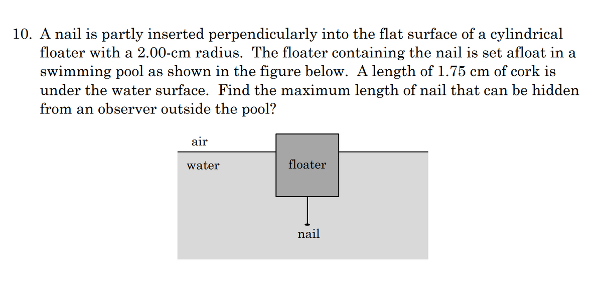 10. A nail is partly inserted perpendicularly into the flat surface of a cylindrical
floater with a 2.00-cm radius. The floater containing the nail is set afloat in a
swimming pool as shown in the figure below.. A length of 1.75 cm of cork is
under the water surface. Find the maximum length of nail that can be hidden
from an observer outside the pool?
air
water
floater
nail
