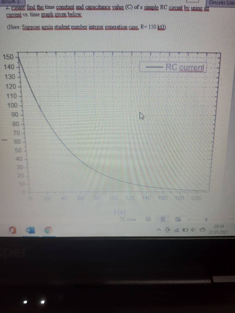-Bolum 2-
Onceki Gibi
z PEE ind the time constant and sapasitance value (C) of a simple RC çiucuit ku using is
SUTTent vs. time graph gven below
(Here: Suppose again student number unteget generation case. R= 150 k).
150
140
RC current
130
120
110
100
90
80
70
60
50
40
30-
20
10
20
40
60
80
100
120
140
160
180
200
t (s)
DOdak
20:18
27.05.2021
