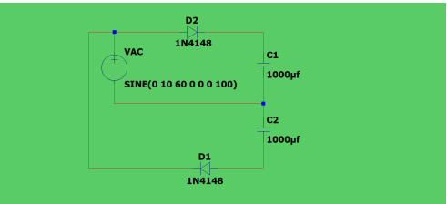 D2
1N4148
VAC
ci
1000µf
SINE(0 10 60 0 0 0 100)
C2
1000µf
D1
1N4148
