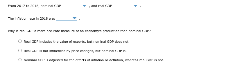 From 2017 to 2018, nominal GDP
The inflation rate in 2018 was
"
and real GDP
Why is real GDP a more accurate measure of an economy's production than nominal GDP?
Real GDP includes the value of exports, but nominal GDP does not.
Real GDP is not influenced by price changes, but nominal GDP is.
Nominal GDP is adjusted for the effects of inflation or deflation, whereas real GDP is not.
