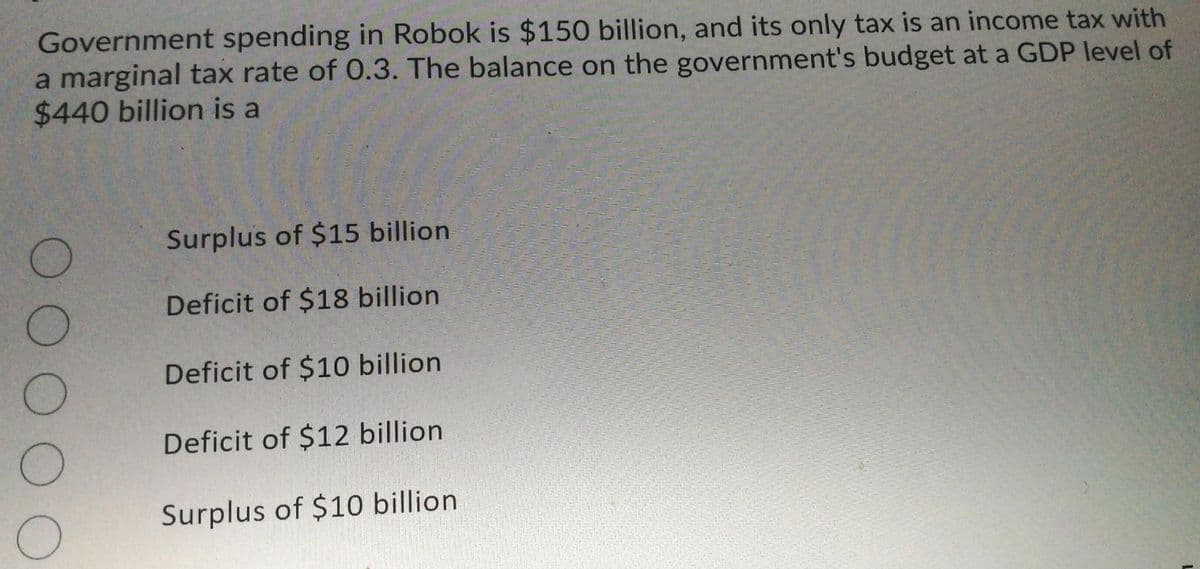 Government spending in Robok is $150 billion, and its only tax is an income tax with
a marginal tax rate of 0.3. The balance on the government's budget at a GDP level of
$440 billion is a
Surplus of $15 billion
Deficit of $18 billion
Deficit of $10 billion
Deficit of $12 billion
Surplus of $10 billion
