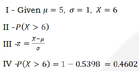 I- Given u = 5, o = 1, X = 6
II -P(X > 6)
X-u
III -z
IV -P(X > 6) =1-0.5398
0.4602
