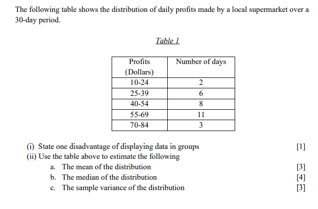 The following table shows the distribution of daily profits made by a local supermarket over a
30-day period.
Table 1
Profits
Number of days
(Dollars)
10-24
2
25-39
40-54
8
55-69
11
70-84
3
(i) State one disadvantage of displaying data in groups
(ii) Use the table above to estimate the following
a. The mean of the distribution
[1]
[3]
[4]
[3]
b. The median of the distribution
c. The sample variance of the distribution
