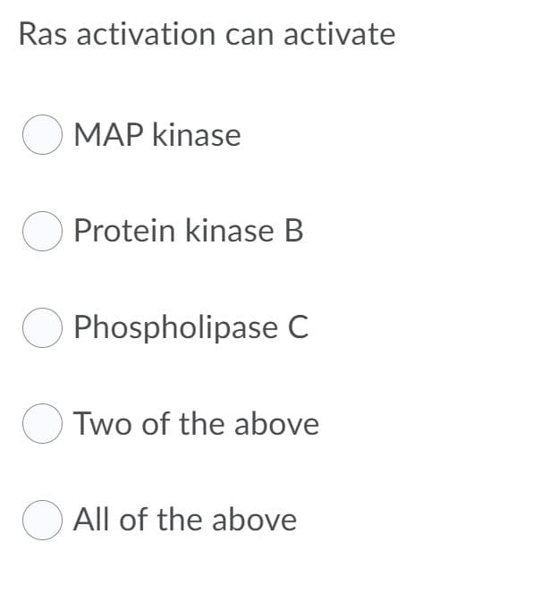 Ras activation can activate
O MAP kinase
O Protein kinase B
Phospholipase C
O Two of the above
O All of the above
