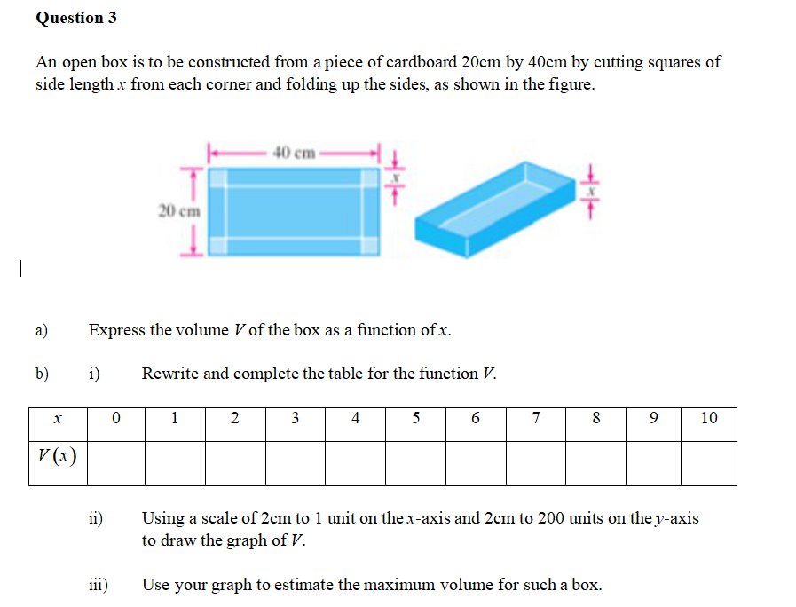 An open box is to be constructed from a piece of cardboard 20cm by 40cm by cutting squares of
side length x from each corner and folding up the sides, as shown in the figure.
40 cm
20 cm
a)
Express the volume V of the box as a function of x.
b)
i)
Rewrite and complete the table for the function V.
1
2
3
4
5
7
8
9.
10
V (x)
Using a scale of 2cm to 1 unit on thex-axis and 2cm to 200 units on the y-axis
to draw the graph of V.
ii)
iii)
Use your graph to estimate the maximum volume for such a box.
---
