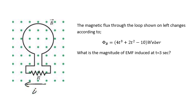 The magnetic flux through the loop shown on left changes
according to;
Og = (4t3 + 2t? –- 10)Weber
What is the magnitude of EMF induced at t=3 sec?
R
i
