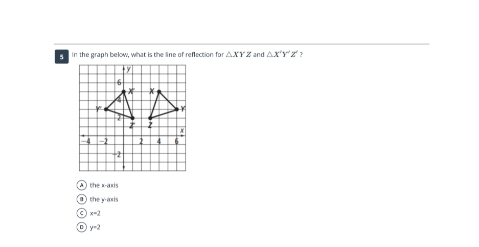 5 In the graph below, what is the line of reflection for AXY Z and AX'Y'z' ?
the x-axis
the y-axis
x=2
y=2
