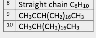 8
Straight chain C6H10
9 CH3CCH(CH2)16CH3
CH3CH(CH2)16CH3
9
10
