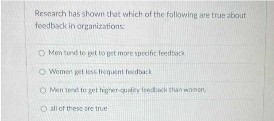 Research has shown that which of the following are true about
feedback in organizations:
O Men tend to get to get more specific feedback
O Women get less frequent feedback
O Men tend to get higher-quality feedback than women.
all of these are true