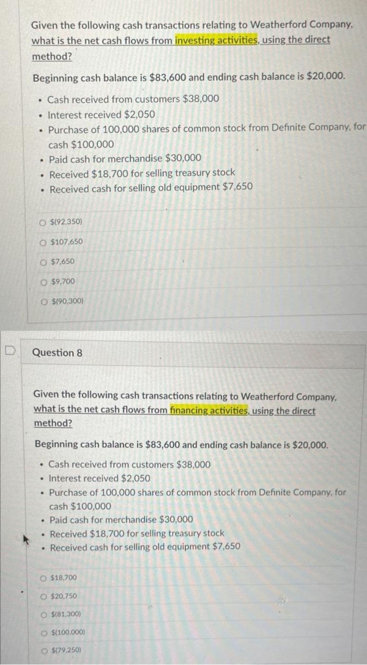 Given the following cash transactions relating to Weatherford Company,
what is the net cash flows from investing activities, using the direct
method?
Beginning cash balance is $83,600 and ending cash balance is $20,000.
. Cash received from customers $38,000
. Interest received $2,050
• Purchase of 100,000 shares of common stock from Definite Company, for
cash $100,000
• Paid cash for merchandise $30,000
Received $18,700 for selling treasury stock
●
Received cash for selling old equipment $7,650
O $(92,350)
O $107,650
O $7,650
O $9,700
O $(90,300)
Question 8
Given the following cash transactions relating to Weatherford Company,
what is the net cash flows from financing activities, using the direct
method?
Beginning cash balance is $83,600 and ending cash balance is $20,000.
• Cash received from customers $38,000
• Interest received $2,050
●
Purchase of 100,000 shares of common stock from Definite Company, for
cash $100,000
• Paid cash for merchandise $30,000
Received $18,700 for selling treasury stock
• Received cash for selling old equipment $7,650
O $18,700
O $20,750
O $(81,300)
O $(100,000)
O $(79,250)