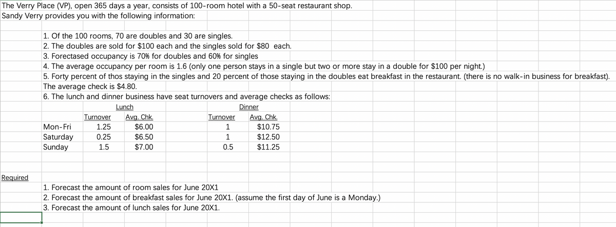 The Verry Place (VP), open 365 days a year, consists of 100-room hotel with a 50-seat restaurant shop.
Sandy Verry provides you with the following information:
1. Of the 100 rooms, 70 are doubles and 30 are singles.
2. The doubles are sold for $100 each and the singles sold for $80 each.
3. Forectased occupancy is 70% for doubles and 60% for singles
4. The average occupancy per room is 1.6 (only one person stays in a single but two or more stay in a double for $100 per night.)
5. Forty percent of thos staying in the singles and 20 percent of those staying in the doubles eat breakfast in the restaurant. (there is no walk-in business for breakfast).
The average check is $4.80.
6. The lunch and dinner business have seat turnovers and average checks as follows:
Lunch
Dinner
Turnover
Avg. Chk.
Turnover
Avg. Chk.
Mon-Fri
$6.00
1
$10.75
1.25
0.25
$6.50
1
$12.50
Saturday
Sunday
1.5
$7.00
0.5
$11.25
1. Forecast the amount of room sales for June 20X1
2. Forecast the amount of breakfast sales for June 20X1. (assume the first day of June is a Monday.)
3. Forecast the amount of lunch sales for June 20X1.
Required