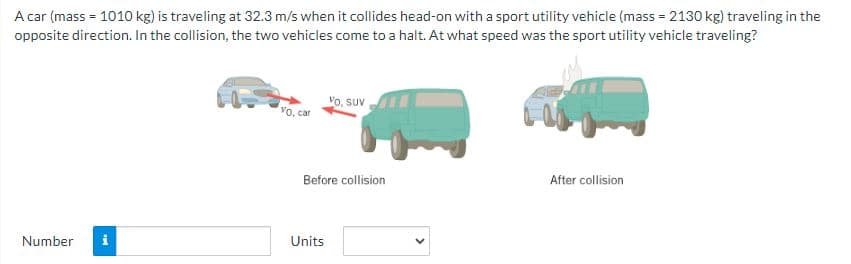 A car (mass = 1010 kg) is traveling at 32.3 m/s when it collides head-on with a sport utility vehicle (mass = 2130 kg) traveling in the
opposite direction. In the collision, the two vehicles come to a halt. At what speed was the sport utility vehicle traveling?
Number
I
VO, car
VO, SUV
Before collision
Units
After collision