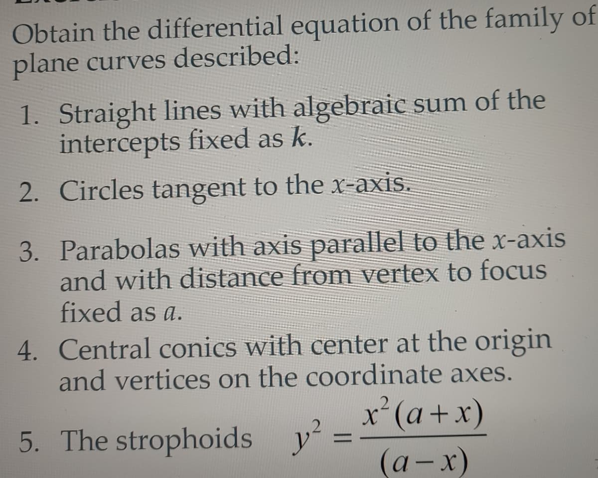 Obtain the differential equation of the family of
plane curves described:
1. Straight lines with algebraic sum of the
intercepts fixed as k.
2. Circles tangent to the x-axis.
3. Parabolas with axis parallel to the x-axis
and with distance from vertex to focus
fixed as a.
4. Central conics with center at the origin
and vertices on the coordinate axes.
x²(a + x)
(a-x)
5. The strophoids y²
=