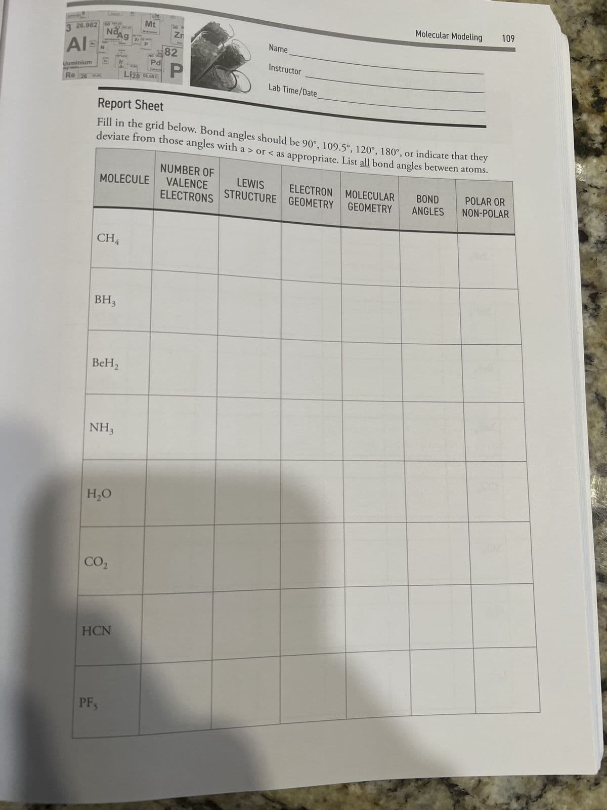 3 26,98260
AI
Aluminium
Re 26
NaAg
CH4
BH3
BeH₂
NH3
H₂O
CO₂
PFS
Zo is
HCN
Mt
P
NUMBER OF
MOLECULE VALENCE
ELECTRONS
46
Pd
Li28 58.693
Report Sheet
Fill in the grid below. Bond angles should be 90°, 109.5°, 120°, 180°, or indicate that they
deviate from those angles with a > or < as appropriate. List all bond angles between atoms.
30 d
Zn
Eine
82
P
Name
Instructor
Lab Time/Date
LEWIS
STRUCTURE
Molecular Modeling 109
ELECTRON MOLECULAR
GEOMETRY
GEOMETRY
BOND
ANGLES
POLAR OR
NON-POLAR