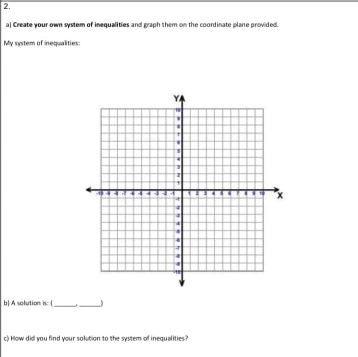 2.
a) Create your own system of inequalities and graph them on the coordinate plane provided.
My system of inequalities:
YA
b) A solution is: (,
c) How did you find your solution to the system of inequalities?
