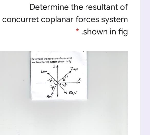 Determine the resultant of
concurret coplanar forces system
shown in fig
Determine the resultant of concurret
coplanar forces system shown In fig.
FON
SON
