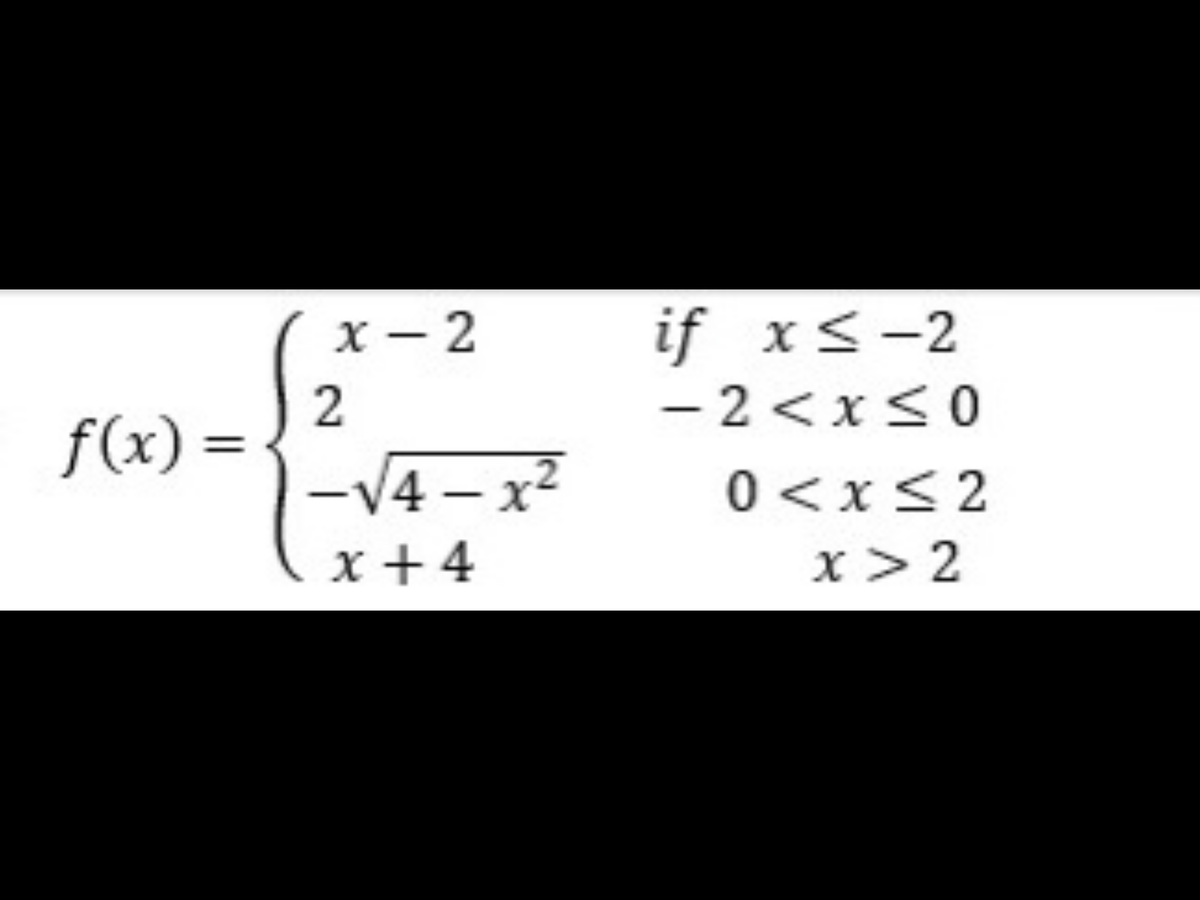 х — 2
if x<-2
– 2<x<0
f(x) =
-V4 – x²
x +4
0 <x<2
x > 2
