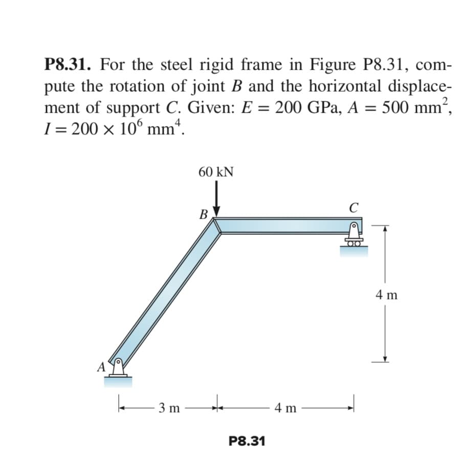 P8.31. For the steel rigid frame in Figure P8.31, com-
pute the rotation of joint B and the horizontal displace-
ment of support C. Given: E = 200 GPa, A = 500 mm²,
I = 200 × 106 mmª.
A
3 m
60 KN
B
P8.31
4 m
с
4 m