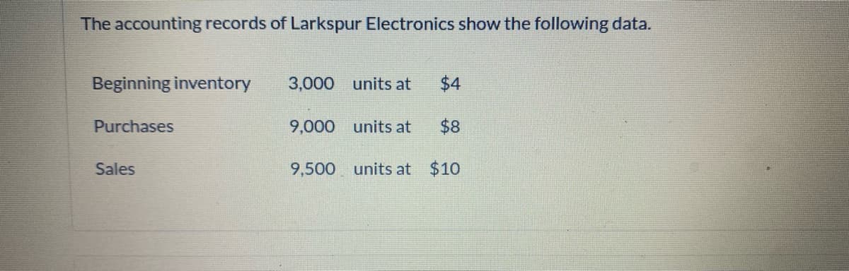 The accounting records of Larkspur Electronics show the following data.
Beginning inventory
3,000 units at
$4
Purchases
9,000 units at
$8
Sales
9,500 units at $10
