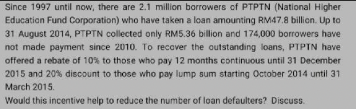 Since 1997 until now, there are 2.1 million borrowers of PTPTN (National Higher
Education Fund Corporation) who have taken a loan amounting RM47.8 billion. Up to
31 August 2014, PTPTN collected only RM5.36 billion and 174,000 borrowers have
not made payment since 2010. To recover the outstanding loans, PTPTN have
offered a rebate of 10% to those who pay 12 months continuous until 31 December
2015 and 20% discount to those who pay lump sum starting October 2014 until 31
March 2015.
Would this incentive help to reduce the number of loan defaulters? Discuss.
