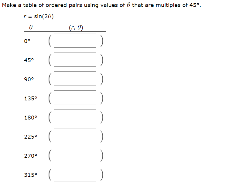 Make a table of ordered pairs using values of 0 that are multiples of 45°.
sin(20)
r =
(r, 0)
450
90°
1350
1800
225°
2700
315°
