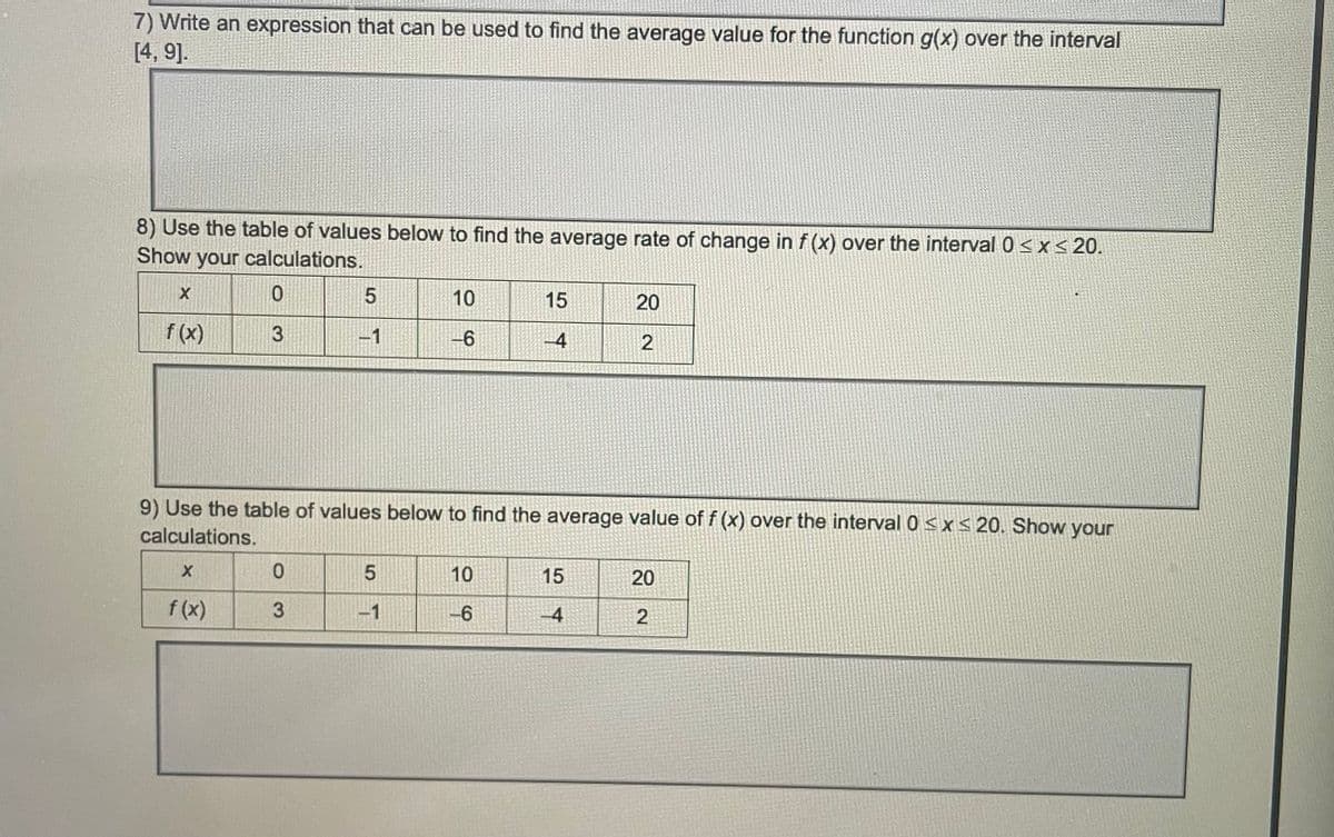 7) Write an expression that can be used to find the average value for the function g(x) over the interval
[4, 9].
8) Use the table of values below to find the average rate of change in f(x) over the interval 0≤x≤ 20.
Show your calculations.
X
0
5
10
15
20
f (x)
3
-1
-6
4
2
9) Use the table of values below to find the average value of f (x) over the interval 0≤x≤20. Show your
calculations.
X
0
5
10
15
20
f (x)
3
-1
-6
-4
2