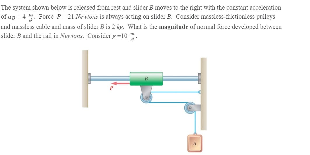 The system shown below is released from rest and slider B moves to the right with the constant acceleration
of aB = 4 m. Force P= 21 Newtons is always acting on slider B. Consider massless-frictionless pulleys
and massless cable and mass of slider B is 2 kg. What is the magnitude of normal force developed between
slider B and the rail in Newtons. Consider g =10 .
m
