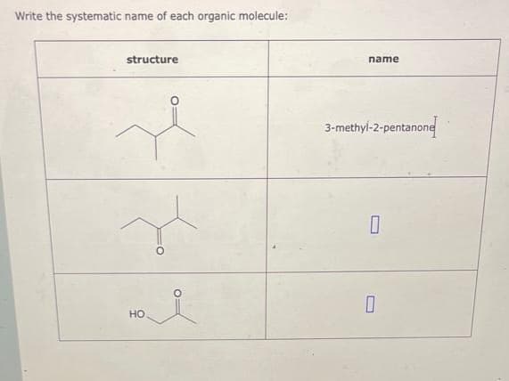 Write the systematic name of each organic molecule:
structure
re
j
Ho i
HO
name
3-methyl-2-pentanone
0
0