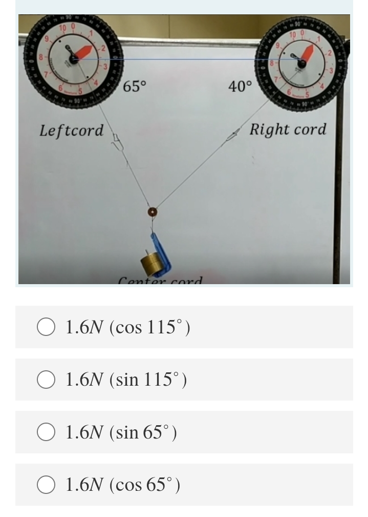 10 0
65°
40°
Leftcord
Right cord
Conter cord.
1.6N (cos 115°)
O 1.6N (sin 115°)
O 1.6N (sin 65°)
O 1.6N (cos 65°)
