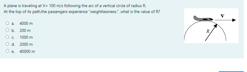 A plane is traveling at V= 100 m/s following the arc of a vertical circle of radius R.
At the top of its path,the passengers experience "weightlessness." ,what is the value of R?
а.
4000 m
ОБ. 200 m
R
О с.
1000 m
Od.
2000 m
е.
40000 m
