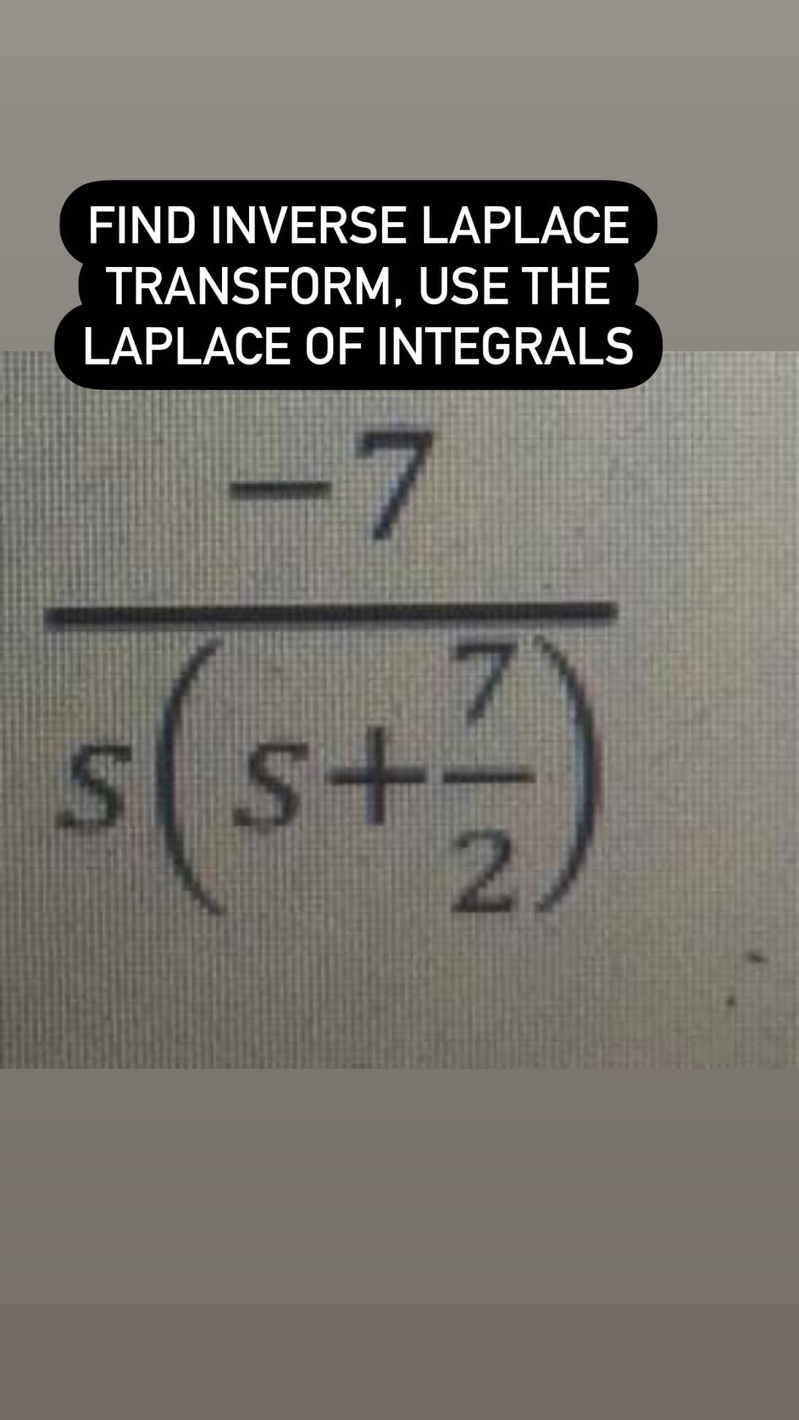 FIND INVERSE LAPLACE
TRANSFORM, USE THE
LAPLACE OF INTEGRALS
-7
SS+-
2.

