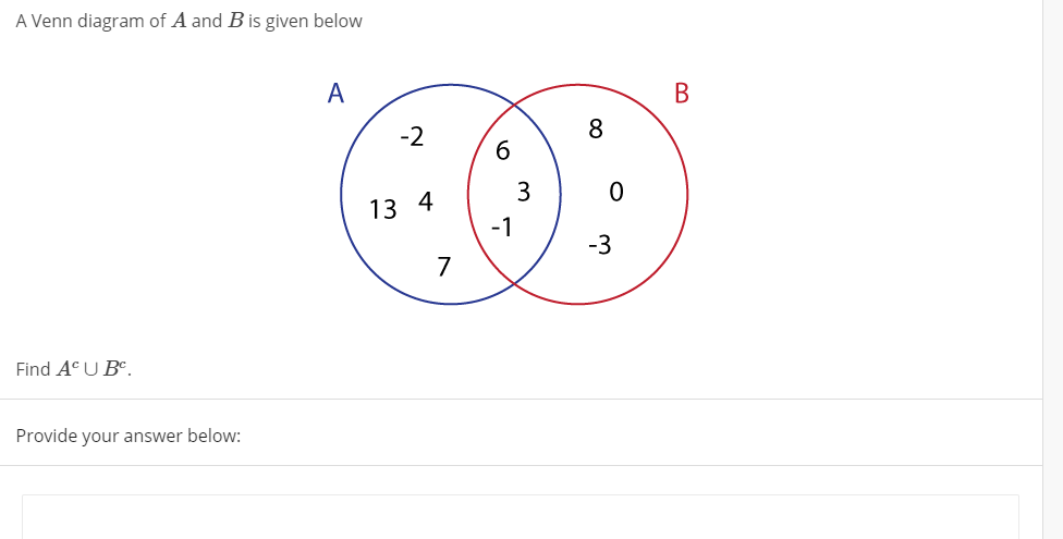 A Venn diagram of A and B is given below
A
-2
8
6.
3
13 4
-1
-3
7
Find AC U BC.
Provide your answer below:
B.
