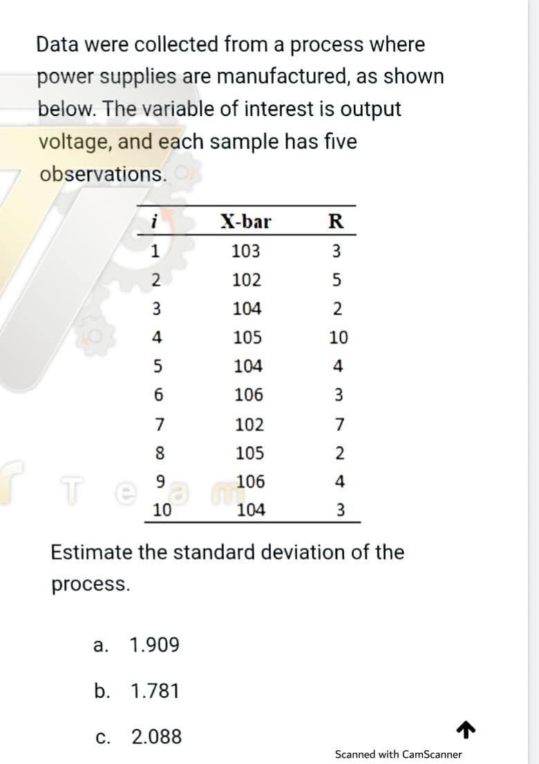 Data were collected from a process where
power supplies are manufactured, as shown
below. The variable of interest is output
voltage, and each sample has five
observations.
i
X-bar
1
103
102
104
4
105
10
104
4
6.
106
7
102
7
105
9.
106
4
10
104
3
Estimate the standard deviation of the
process.
а.
1.909
b. 1.781
c. 2.088
Scanned with CamScanner
