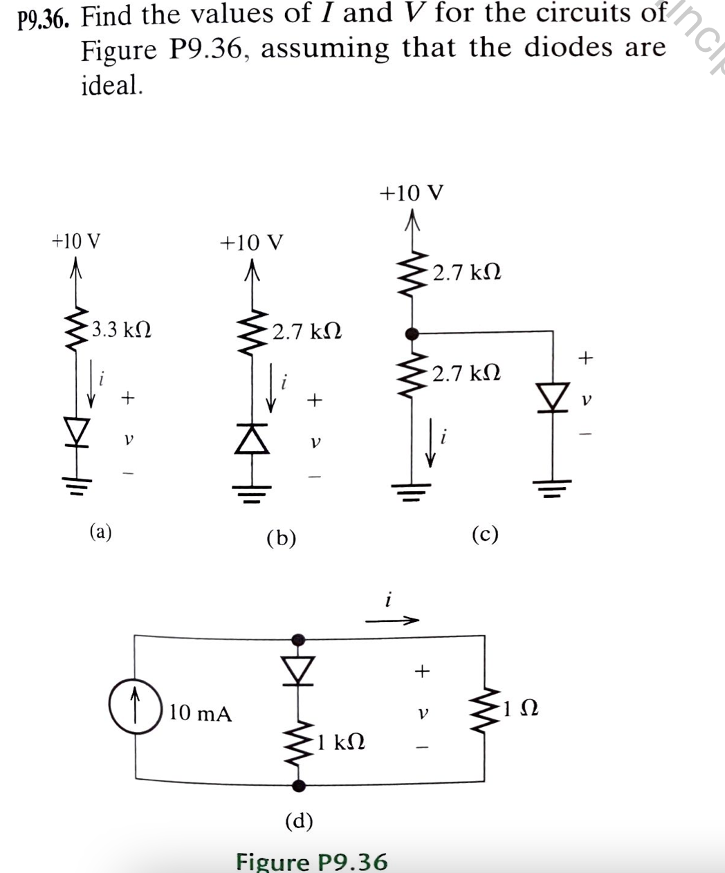 P9.36. Find the values of I and V for the circuits of
Figure P9.36, assuming that the diodes are
ideal.
+10 V
3.3 ΚΩ
@
+
T
O
+10 V
110 mA
2.7 ΚΩ
(b)
+
V
▷
1 ΚΩ
+10 V
-↑
(d)
Figure P9.36
- 2.7 ΚΩ
+
V
2.7 ΚΩ
(c)
Min
1 Ω
+
V
nc