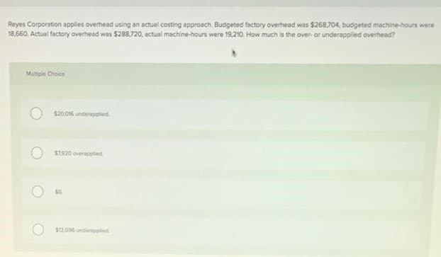 Reyes Corporation applies overhead using an actual costing epproach. Budgeted factory overhead was $268.704, budgeted mechine-hours were
18,660. Actual factory overhead was $288,720, actual machine-hours were 19.210. How much is the over- or underappliled overhead?
Mutpie Choice
$20.016 underppled
$7920 overappled
$12.0 underappled
