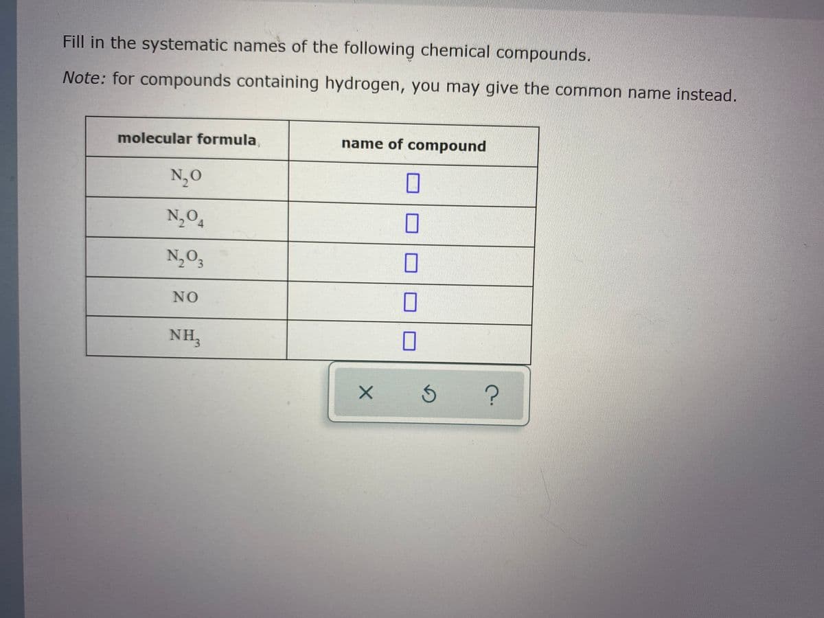 Fill in the systematic names of the following chemical compounds.
Note: for compounds containing hydrogen, you may give the common name instead.
molecular formula,
name of compound
N,0
N,O,
N,0,
2 3
NO
NH,
