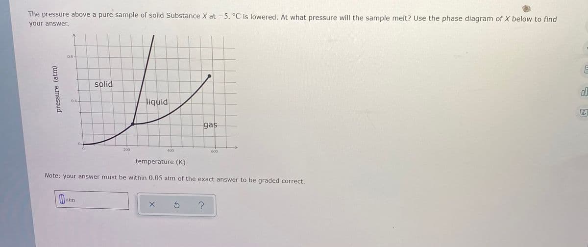 The pressure above a pure sample of solid Substance X at -5. °C is lowered. At what pressure will the sample melt? Use the phase diagram of X below to find
your answer.
0.8-
solid
ol
liquid
0.4
18
Ar
gas
0.
200
400
600
temperature (K)
Note: your answer must be within 0.05 atm of the exact answer to be graded correct.
D atm
pressure (atm)
