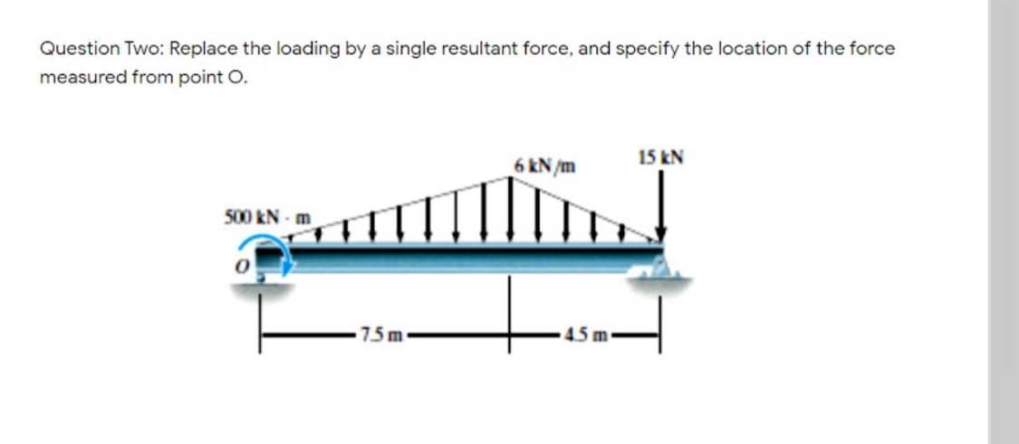 Question Two: Replace the loading by a single resultant force, and specify the location of the force
measured from point O.
15 kN
6 kN /m
500 kN-
7.5m

