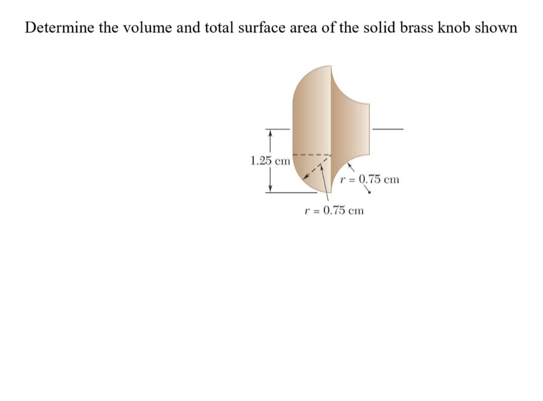 Determine the volume and total surface area of the solid brass knob shown
1.25 cm
r = 0.75 cm
r = 0.75 cm
