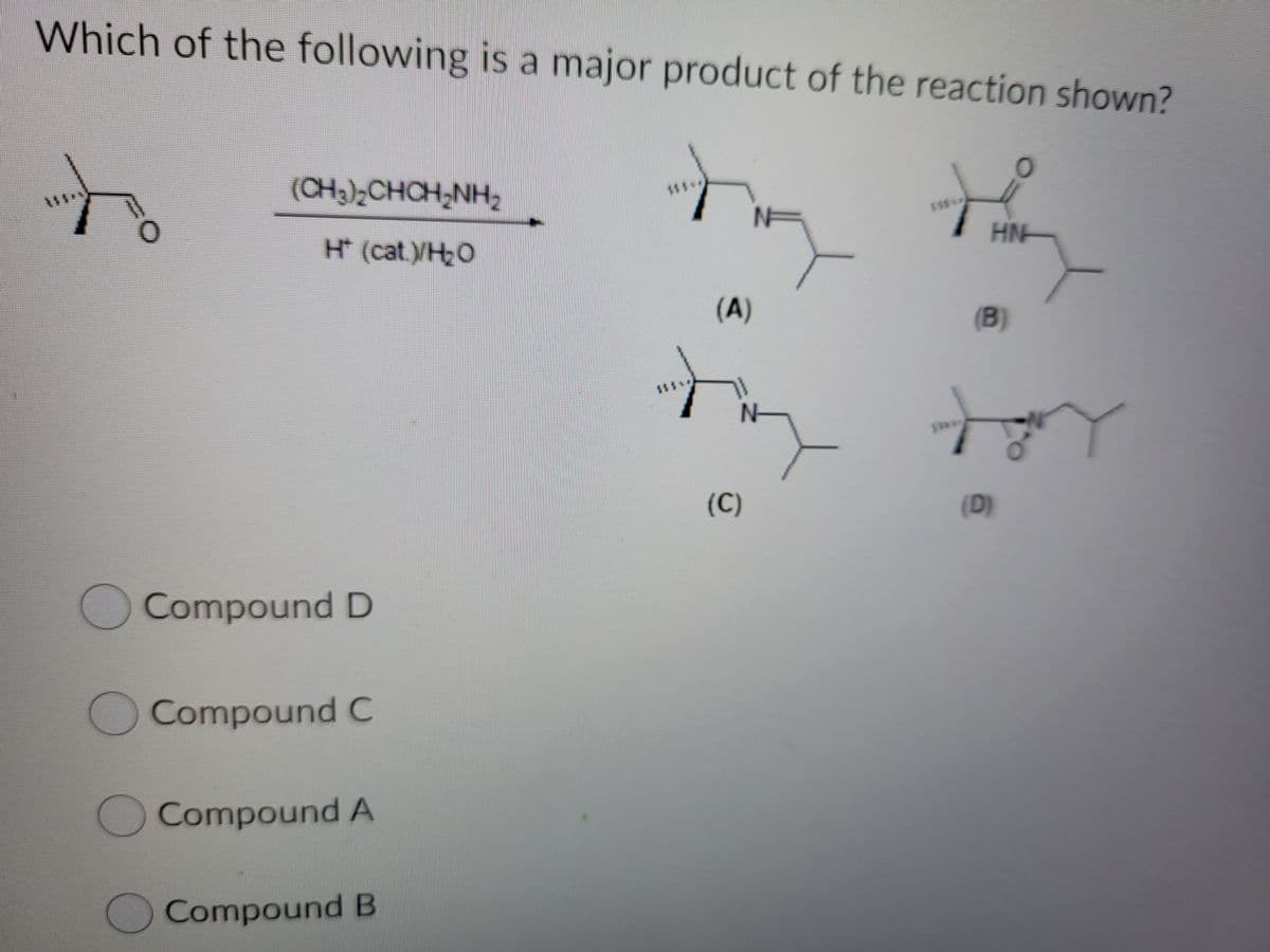 Which of the following is a major product of the reaction shown?
(CH3),CHCH;NH2
****
HN-
H* (cat./H;0
(A)
(B)
N-
(C)
(D)
Compound D
OCompound C
O Compound A
Compound B
