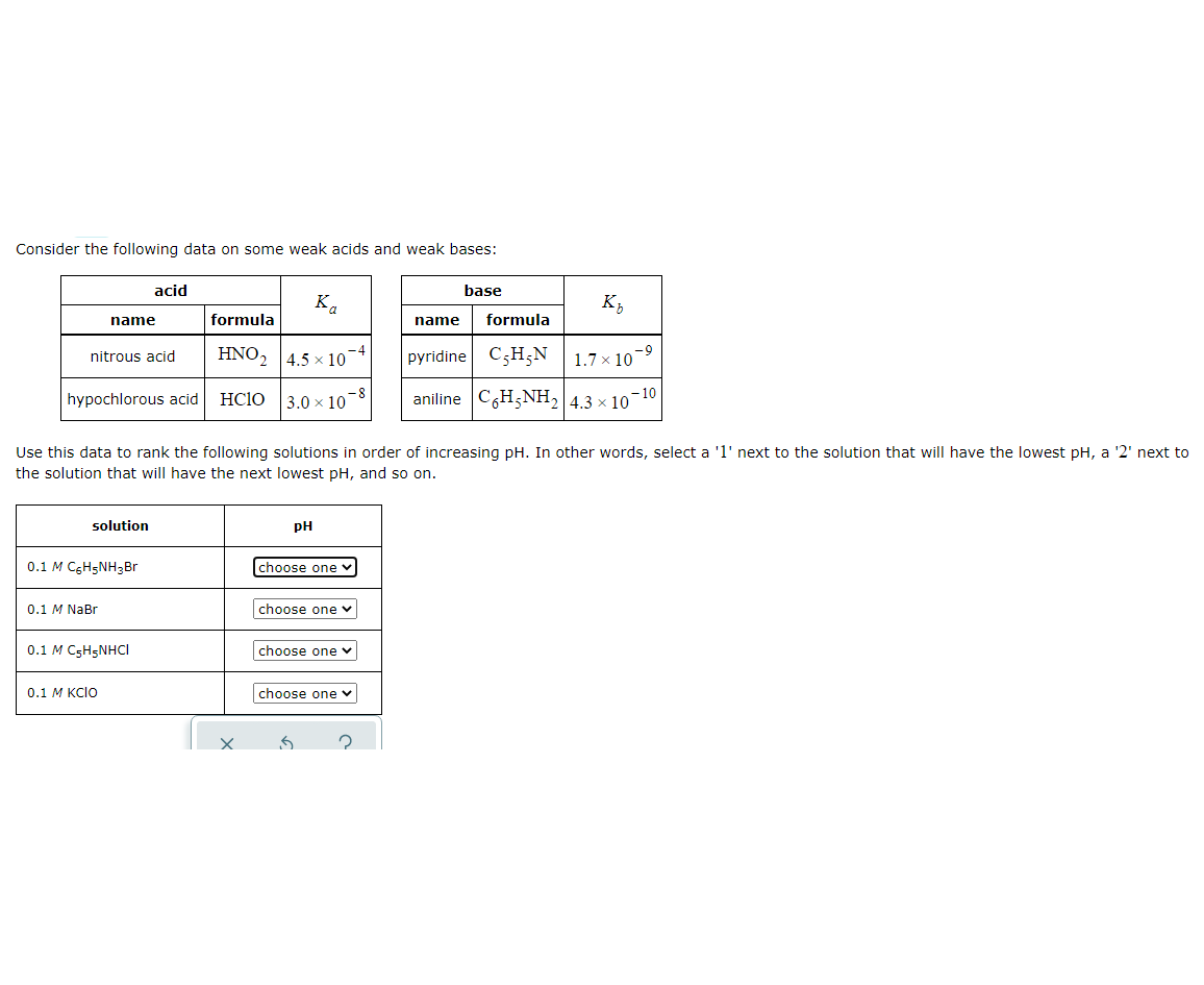 Consider the following data on some weak acids and weak bases:
acid
base
Ka
name
formula
name
formula
HNO2 4.5 x 10
pyridine C3H;N
1.7 x 10-9
nitrous acid
hypochlorous acid
HC1O
3.0 x 10-8
aniline CH;NH, 4.3 x 10-10
Use this data to rank the following solutions in order of increasing pH. In other words, select a '1' next to the solution that will have the lowest pH, a '2' next to
the solution that will have the next lowest pH, and so on.
solution
pH
0.1 M CgH5NH3Br
choose one v
0.1 M NaBr
choose one v
0.1 M C5H5NHCI
choose one v
0.1 M KCIO
choose one v
