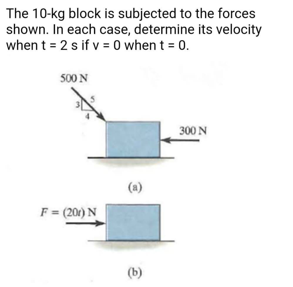 The 10-kg block is subjected to the forces
shown. In each case, determine its velocity
when t = 2 s if v = 0 whent = 0.
%3D
%3D
500 N
300 N
(a)
F = (201) N
(b)
