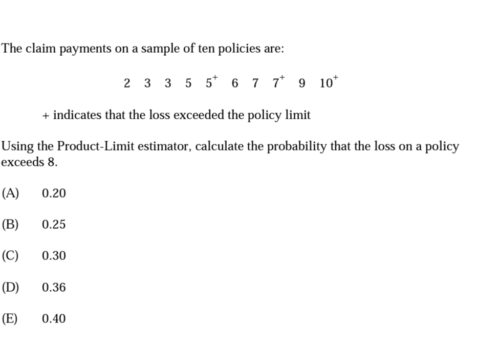The claim payments on a sample of ten policies are:
2 3 3 5 5* 6 7 7* 9 10*
+ indicates that the loss exceeded the policy limit
Using the Product-Limit estimator, calculate the probability that the loss on a policy
exceeds 8.
(A)
0.20
(В)
0.25
(C)
0.30
(D)
0.36
(E)
0.40
