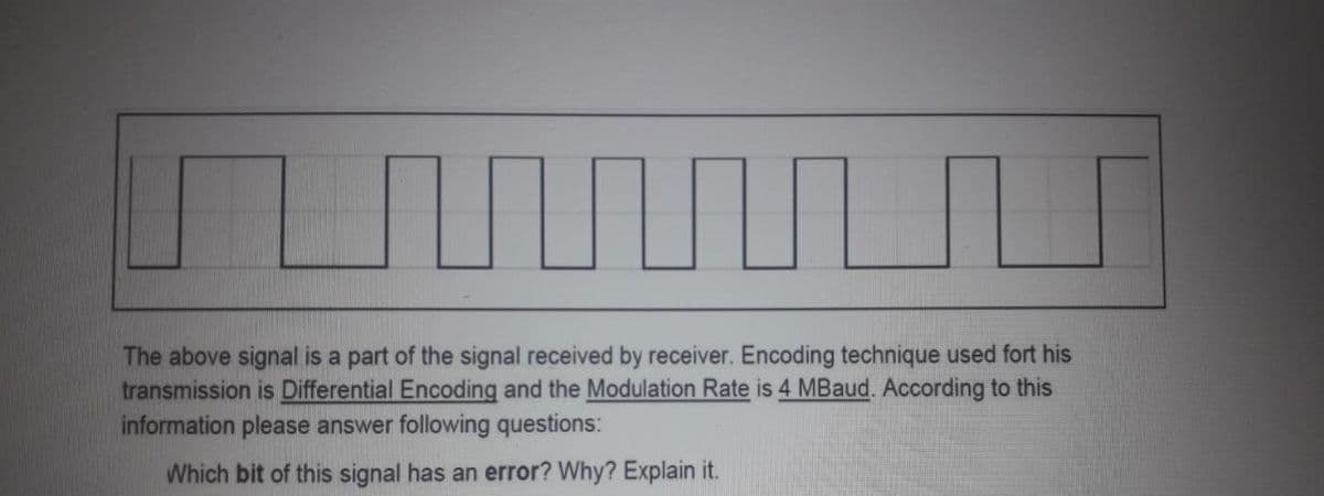 The above signal is a part of the signal received by receiver. Encoding technique used fort his
transmission is Differential Encoding and the Modulation Rate is 4 MBaud. According to this
information please answer following questions:
Which bit of this signal has an error? Why? Explain it.
